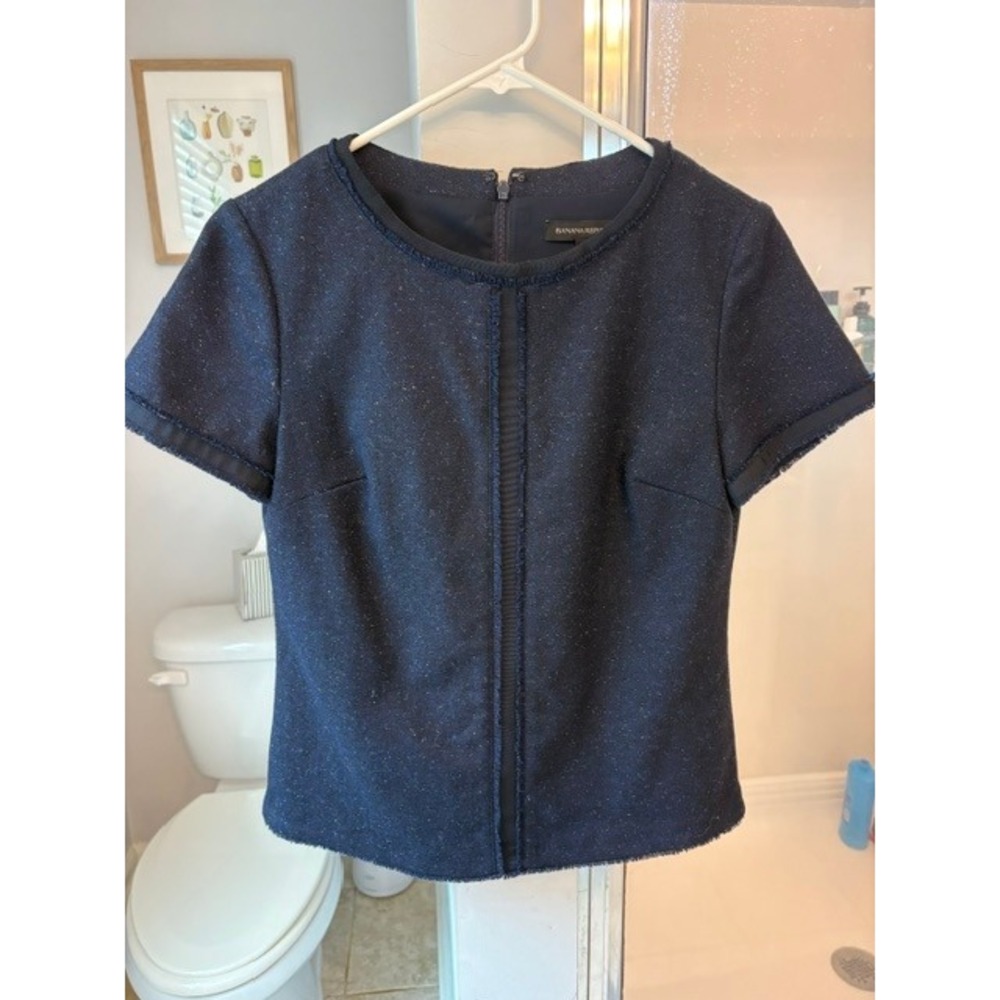 Banana Republic Navy Blue Wool Blend Tweed Fringe‎ Trim Short Sleeve Top Size 0